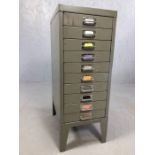 Flight of ten vintage metal drawers with chrome handles, approx 74cm tall