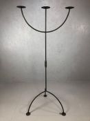 Large floor-standing wrought iron three arm candelabra, individually made in blacksmith's forge,