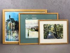Three contemporary signed watercolours, the largest by Jo Hunter 'St Saviour's Dock', approx 68cm