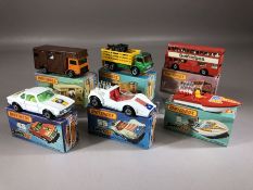 Six boxed Matchbox Superfast diecast model vehicles: 5 Seafire, 17 The Londoner, 40 Horsebox, 45 BMW