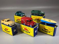 Five boxed Matchbox Series diecast model vehicles: Nos. 46, 47, 48, 49, 50
