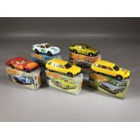Five boxed Matchbox diecast model vehicles: Superfast 3 Porsche Turbo, 12 Citroen CX, 25 Toyota