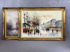 P SANCHEZ, pair of contemporary oils on canvas, street scenes, each signed and approx 60cm x 90cm,