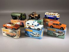 Six boxed Matchbox diecast model vehicles: 5 4x4 Jeep Offroad, 8 Rover 3500, Superfast 41 Ambulance,