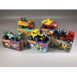Five boxed Matchbox Superfast diecast model vehicles: 26 Cable Truck, 29 Tractor Shovel, 36
