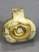 Bone amulet or pendant with gold coloured embellishment, possibly Viking in origin, approx 3.5cm x