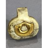 Bone amulet or pendant with gold coloured embellishment, possibly Viking in origin, approx 3.5cm x