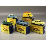 Five boxed Matchbox Series diecast model vehicles: Nos. 41, 42, 43, 44, 45