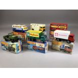 Six boxed Matchbox diecast model vehicles: 17 The Londoner, Superfast 38 Armoured Jeep, Superfast 40