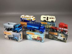 Five boxed Matchbox diecast model vehicles: 30 Artic Truck, 42 Mercedes Container Truck, 45 Kenworth