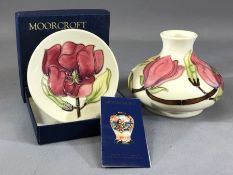 MOORCROFT squat baluster pink magnolia pattern vase, height approx 10cm, and a boxed circular pink