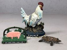 Small collection of metal items to include cockerel doorstop, a pig letter rack and tortoise trivet