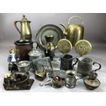 Large collection of pewter and metalware to include very early pewter tankards and spice jar,