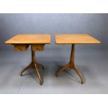 Two beechwood occasional tables by 'Shaker Workshops' one with two drawers below, on tripod legs,