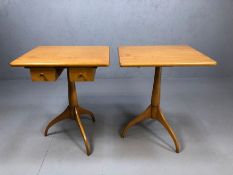 Two beechwood occasional tables by 'Shaker Workshops' one with two drawers below, on tripod legs,