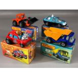 Four boxed Matchbox Superfast diecast model vehicles: 14 Mini-Ha-Ha, 23 Atlas, 29 Tractor Shovel, 59