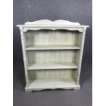 Pine painted three shelf bookcase, approx 91cm x 26cm x 108cm tall