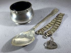 Hallmarked Silver items to include Silver salt, spoon and a gate link bracelet.