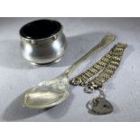 Hallmarked Silver items to include Silver salt, spoon and a gate link bracelet.