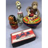 Collection of vintage toys to include the Waddington War Game, Russian doll, spinning top etc
