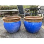 Two large blue terracotta glazed garden planters, approx 48cm in diameter