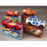 Four boxed Matchbox Rola-matics diecast model vehicles: 20 Police Patrol x 2, 35 New Fandango, 67