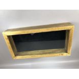 Small oak display case with hinged glass lid and blue velvet lining, approx 50cm x 26cm x 9cm tall