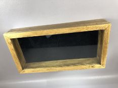Small oak display case with hinged glass lid and blue velvet lining, approx 50cm x 26cm x 9cm tall