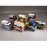 Seven boxed Matchbox diecast model vehicles: Superfast 10 Plymouth Police Car, Superfast 41