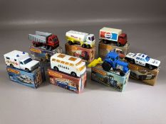 Seven boxed Matchbox diecast model vehicles: Superfast 10 Plymouth Police Car, Superfast 41