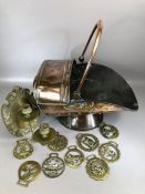 Metal ware to include brass sconce and horse brass and a copper coal scuttle