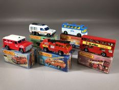 Five boxed Matchbox diecast model vehicles: 17 The Londoner, Superfast 22 Blaze Buster, 57