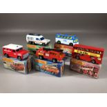 Five boxed Matchbox diecast model vehicles: 17 The Londoner, Superfast 22 Blaze Buster, 57