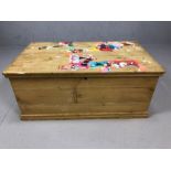 Pine trunk / blanket box with two handles, approx 85cm x 49cm x 37cm tall (A/F)