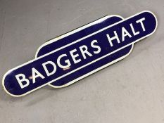 Original tin plate railway station sign 'Badgers Halt', approx 92cm wide