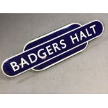 Original tin plate railway station sign 'Badgers Halt', approx 92cm wide