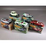 Five boxed Matchbox diecast model vehicles: 7 VW Golf, Superfast 21 Renault 5TL, 34 Chevy Pro