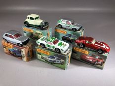 Five boxed Matchbox diecast model vehicles: 7 VW Golf, Superfast 21 Renault 5TL, 34 Chevy Pro