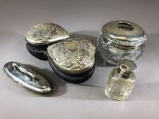 Collection of hallmarked silver and silver coloured dressing table items to include an unusual