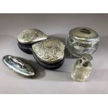 Collection of hallmarked silver and silver coloured dressing table items to include an unusual