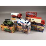 Five boxed Matchbox diecast model vehicles: 14 Petrol Tanker, 17 The Londoner, Superfast 38 Armoured