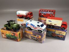 Five boxed Matchbox diecast model vehicles: 14 Petrol Tanker, 17 The Londoner, Superfast 38 Armoured