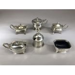 Collection of Silver hallmarked cruets and salts & mustard pots (one without blue glass liner) (6)