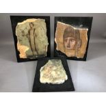 Three mounted hand-painted copies of frescoes, the largest approx 25cm x 19cm