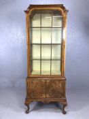Antique display cabinet with walnut cupboard doors below, three internal glass shelves, approx