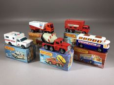 Five boxed Matchbox Superfast diecast model vehicles:19 Cement Truck, 41 Ambulance, 42 Mercedes