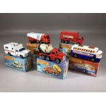 Five boxed Matchbox Superfast diecast model vehicles:19 Cement Truck, 41 Ambulance, 42 Mercedes