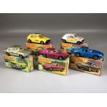 Five boxed Matchbox diecast model vehicles: Superfast 7 VW Golf, Superfast 21 Renault 5TL, Superfast