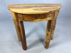 Solid wood half moon occasional table on square legs with single drawer, approx 80cm x 41cm x 76cm