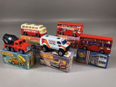 Five boxed Matchbox diecast model vehicles: 17 The Londoner, Superfast 19 Cement Truck, Superfast 65